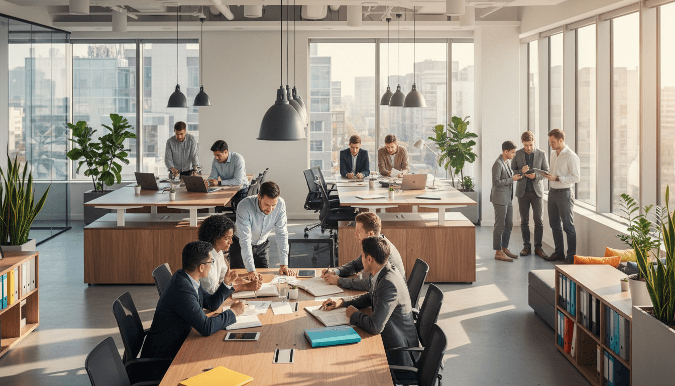 Diverse team collaborating in modern consulting office with natural light, conference table, and open workspace Diverse team collaborating in modern consulting office with natural light, conference table, and open workspace